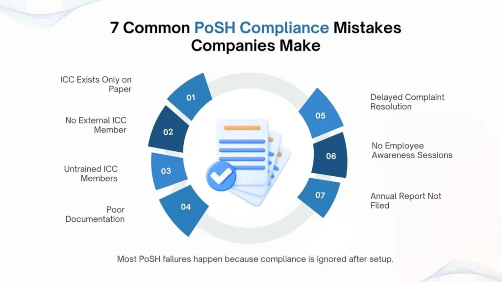 Infographic listing the most common PoSH compliance mistakes made by companies.